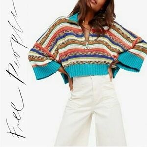 Free People - Make Me Happy Crop Multicolor Oversized Sweater - M